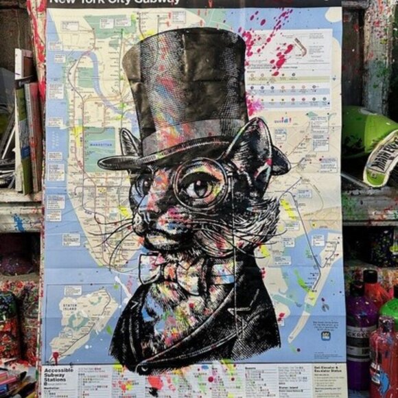 Aristocat in the City Hand-painted Acrylic CAT Artwork on a NYC Subway Map - Picture 6 of 6
